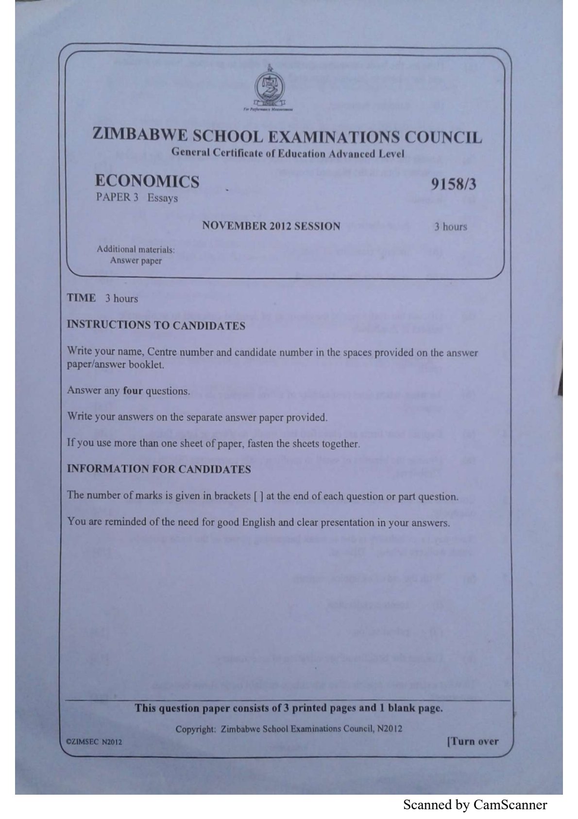 First page of ZIMSEC A-Level Economics Paper 3 November 2012 Question Paper