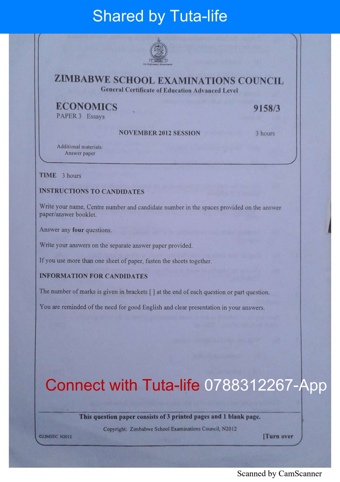First page of ZIMSEC A-Level Economics Paper 3 November 2012 Question Paper