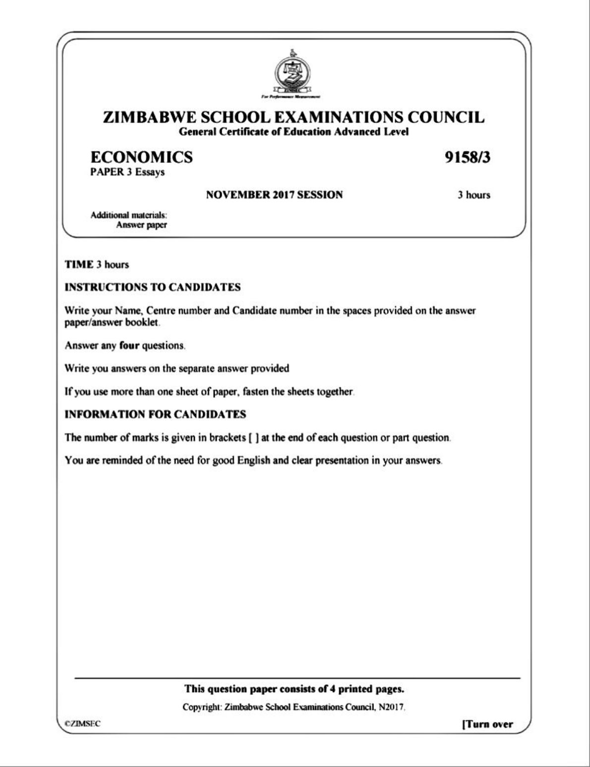First page of ZIMSEC A-Level Economics Paper 3 November 2017 Question Paper