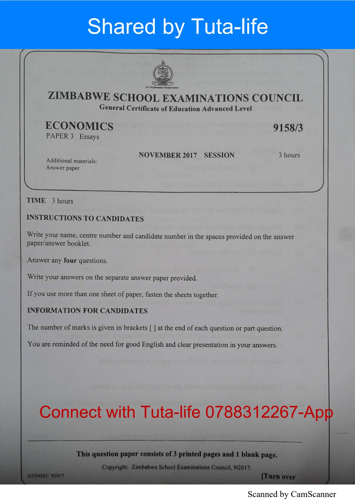 First page of ZIMSEC A-Level Economics Paper 3 November 2017 Question Paper