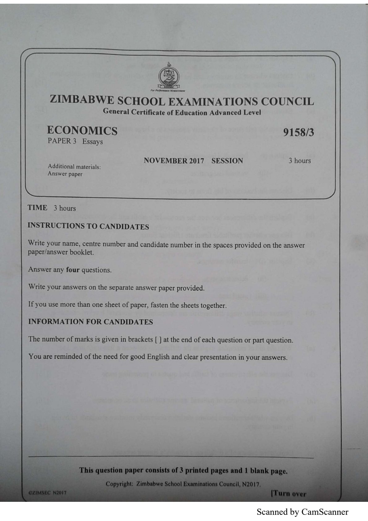 First page of ZIMSEC A-Level Economics Paper 3 November 2017 Question Paper