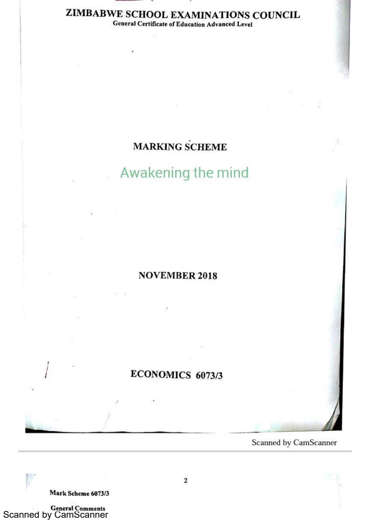 First page of ZIMSEC A-Level Economics Paper 3 November 2018 Marking Scheme
