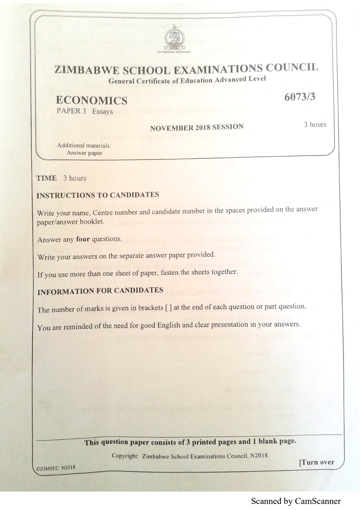 First page of ZIMSEC A-Level Economics Paper 3 November 2018 Question Paper
