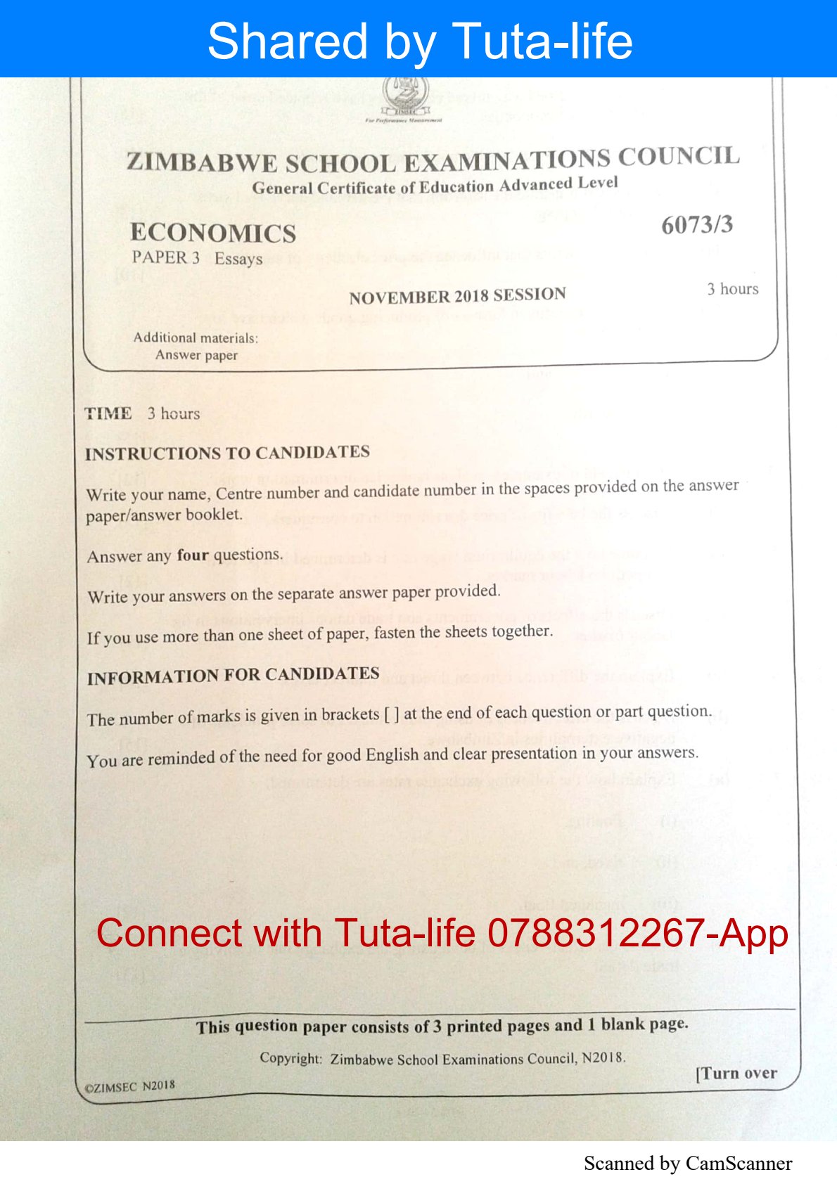 First page of ZIMSEC A-Level Economics Paper 3 November 2018 Question Paper