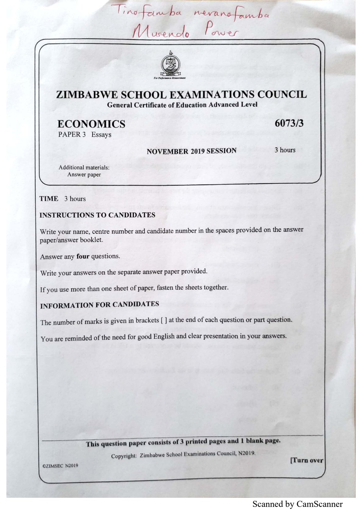First page of ZIMSEC A-Level Economics Paper 3 November 2019 Question Paper