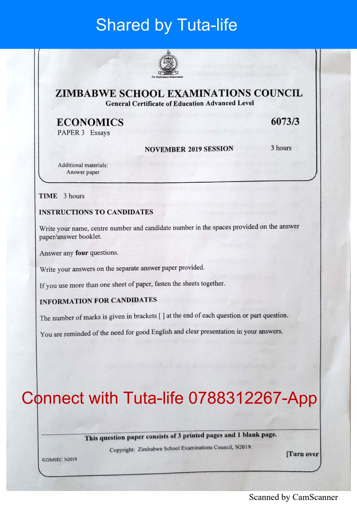 First page of ZIMSEC A-Level Economics Paper 3 November 2019 Question Paper