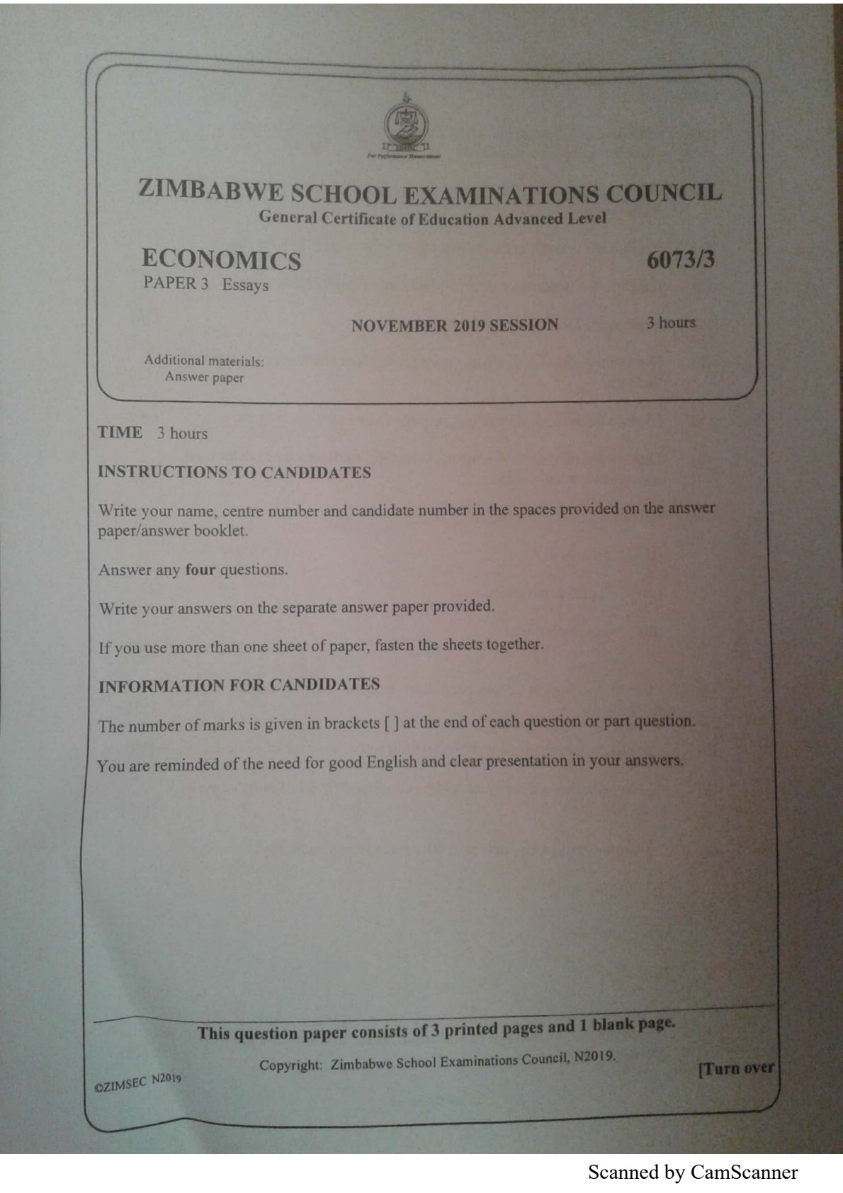 First page of ZIMSEC A-Level Economics Paper 3 November 2019 Question Paper