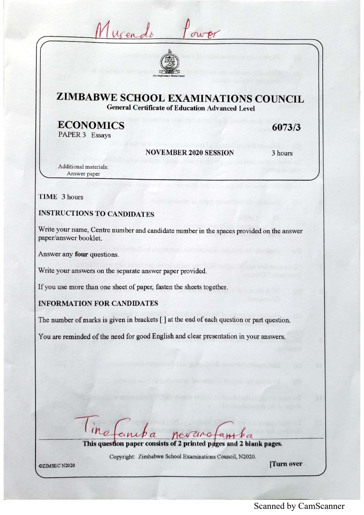 First page of ZIMSEC A-Level Economics Paper 3 November 2020 Question Paper