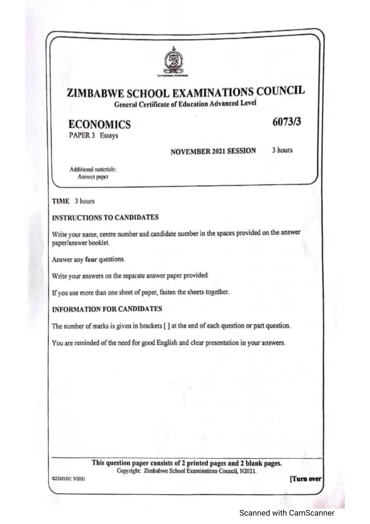 First page of ZIMSEC A-Level Economics Paper 3 November 2021 Question Paper