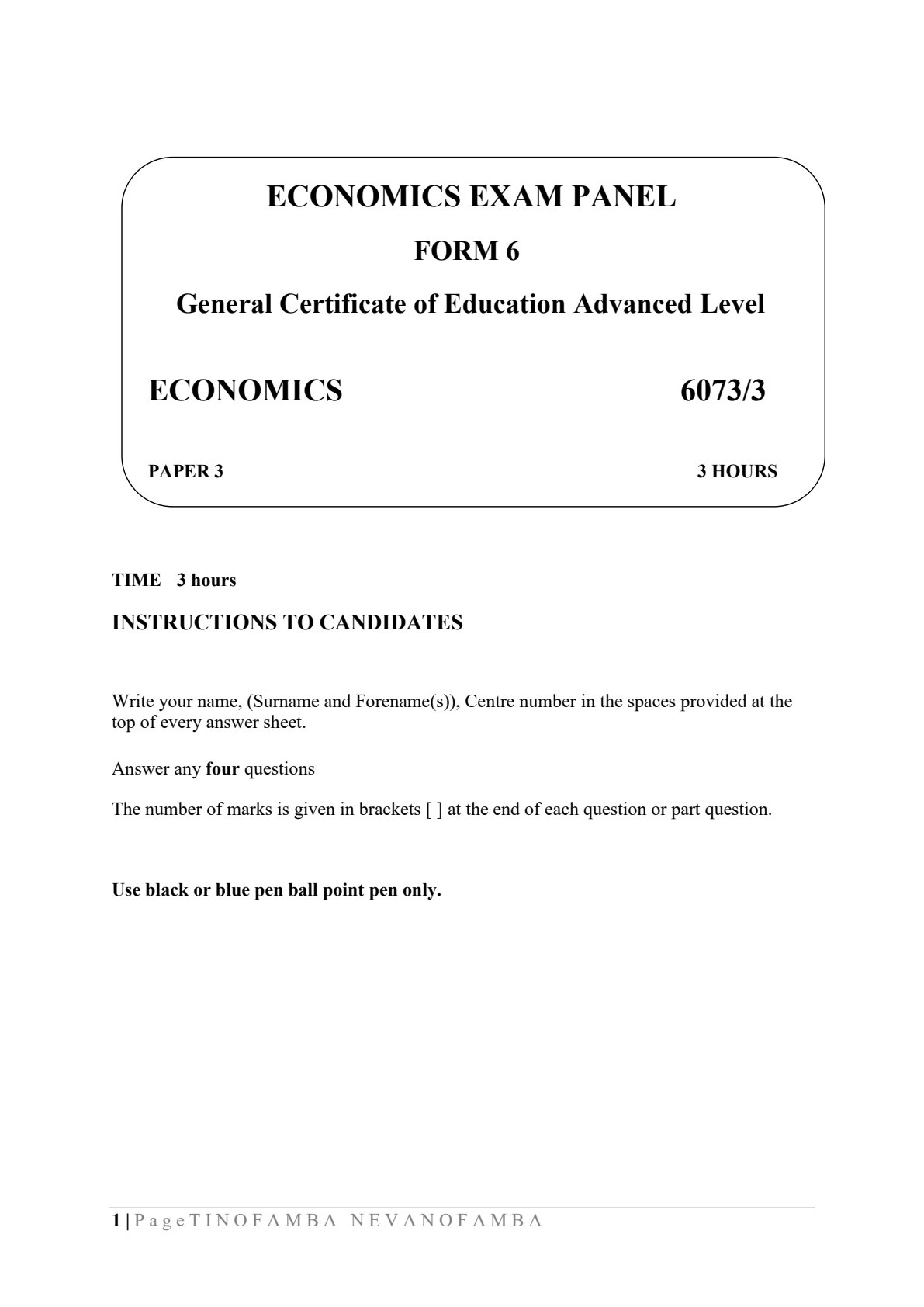 First page of ZIMSEC A-Level Economics Paper 3 Question Paper