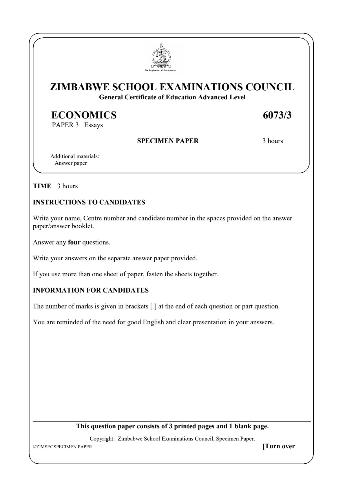 First page of ZIMSEC A-Level Economics Paper 3 Specimen Question Paper