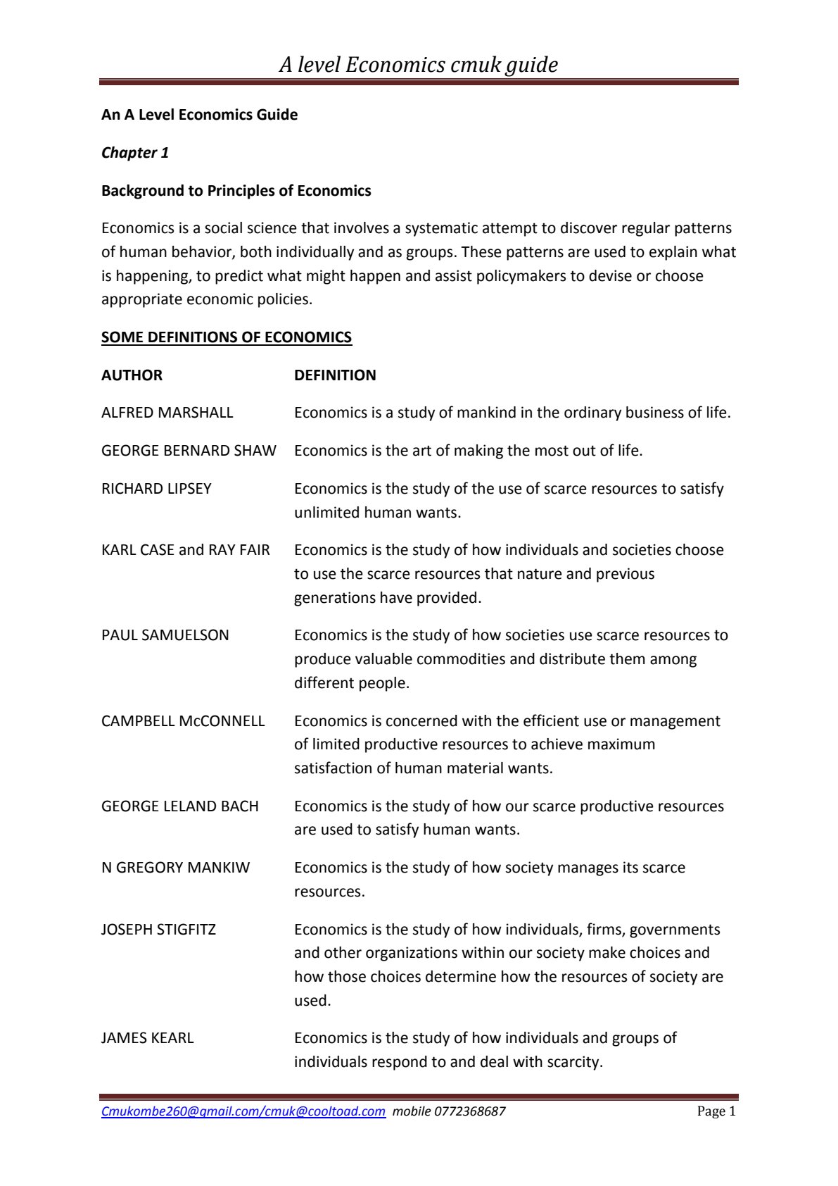 First page of ZIMSEC A-Level Economics Study Guide