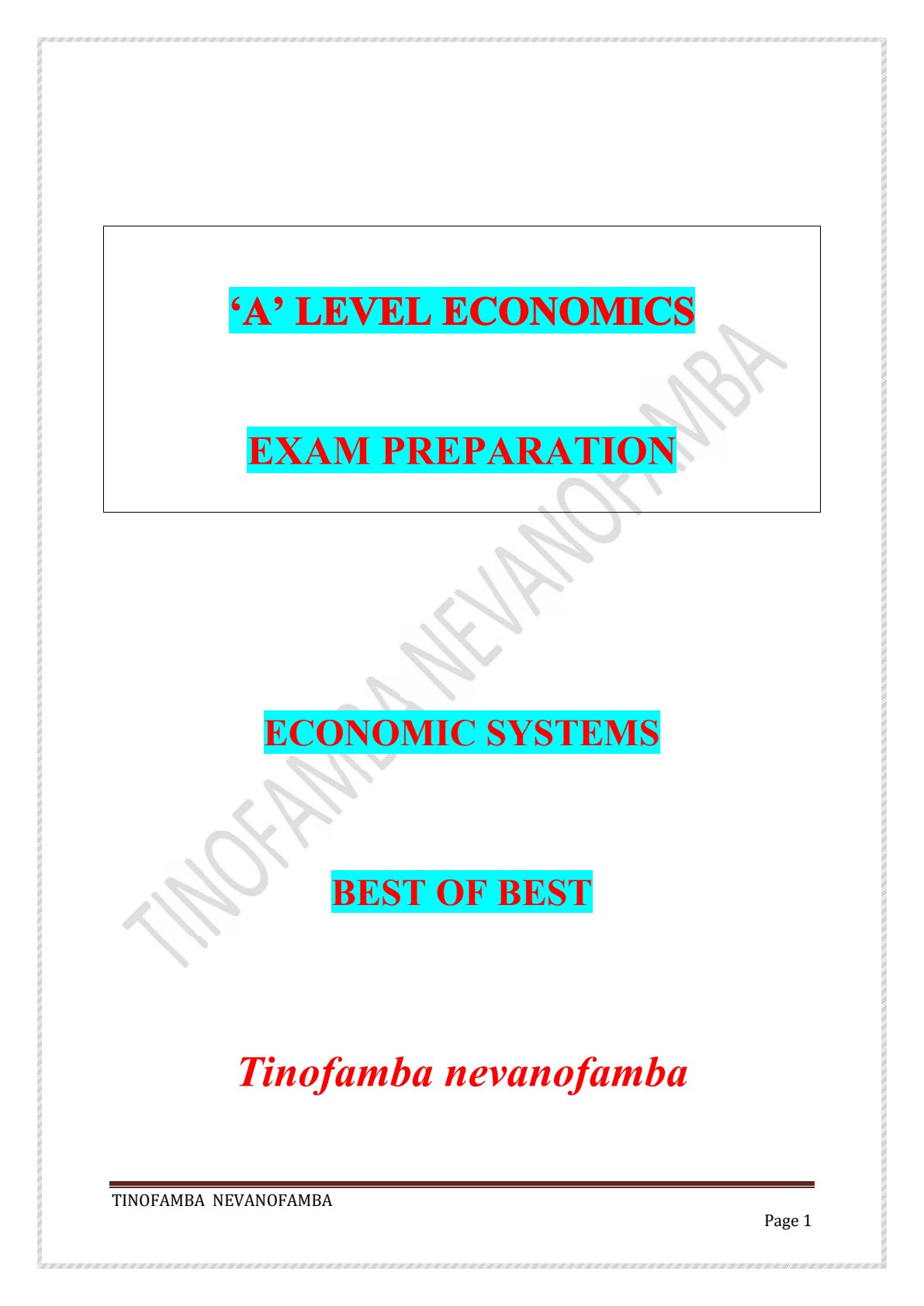 First page of ZIMSEC A-Level Economics Study Guide