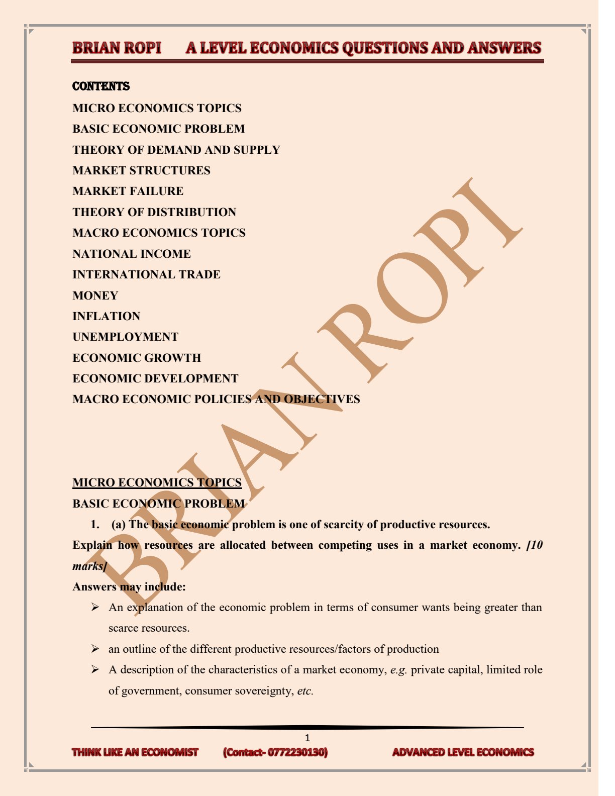 First page of ZIMSEC A-Level Economics Study Guide