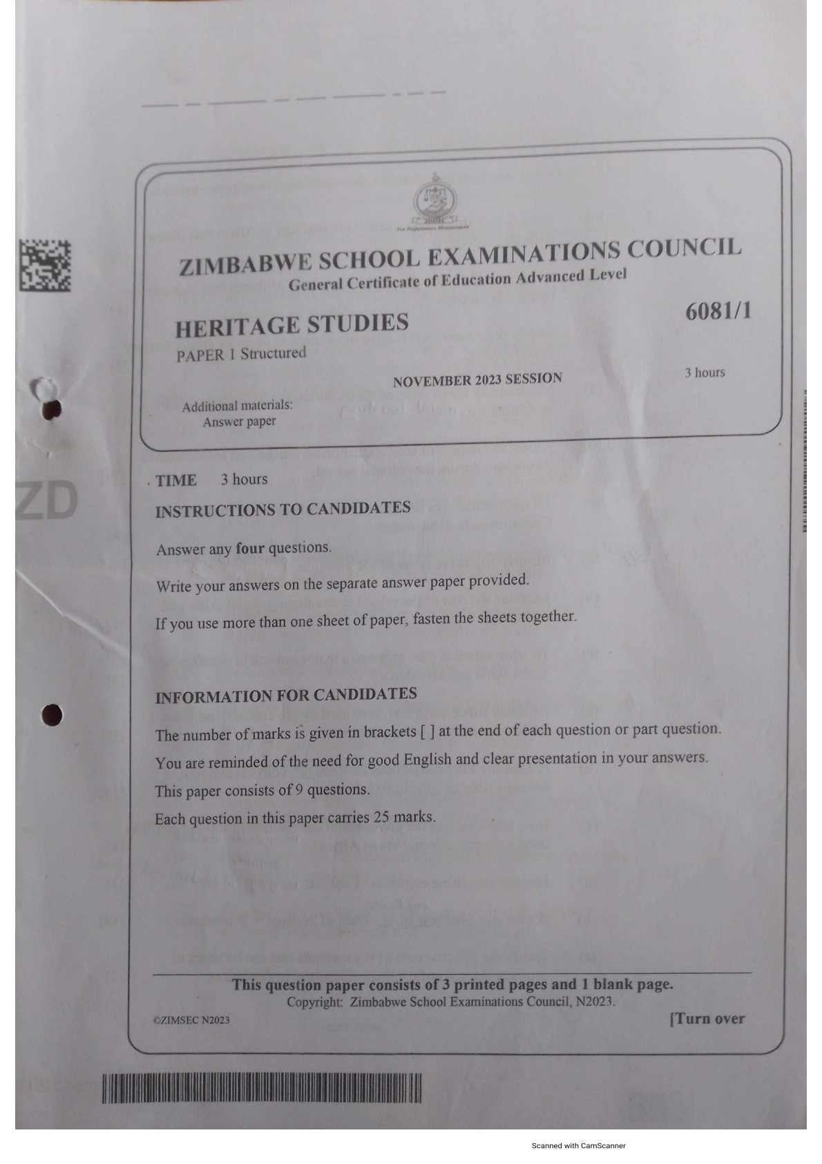 First page of ZIMSEC A-Level Family and Heritage Studies Paper 1 November 2023 Question Paper