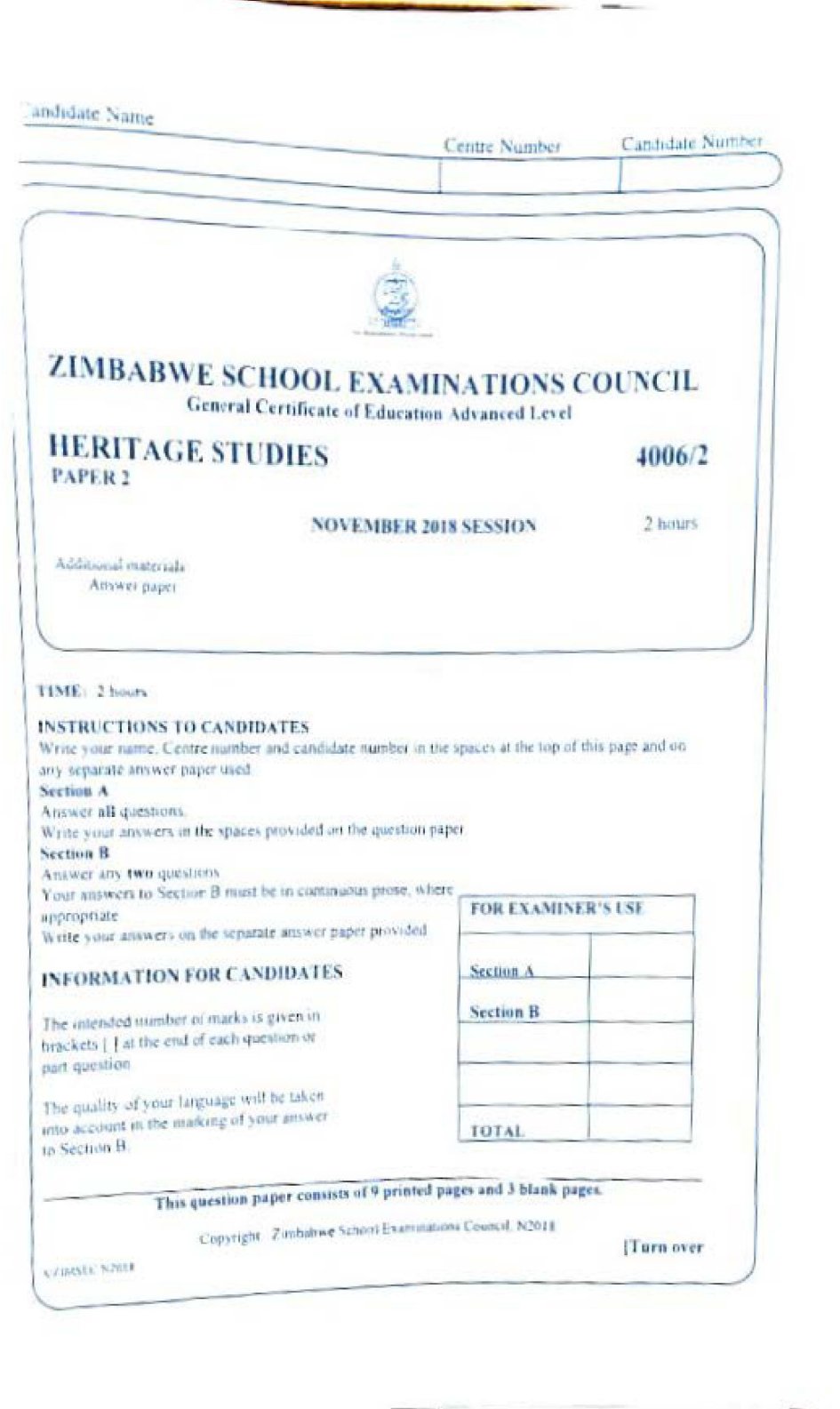 First page of ZIMSEC A-Level Family and Heritage Studies Paper 2 November 2018 Question Paper