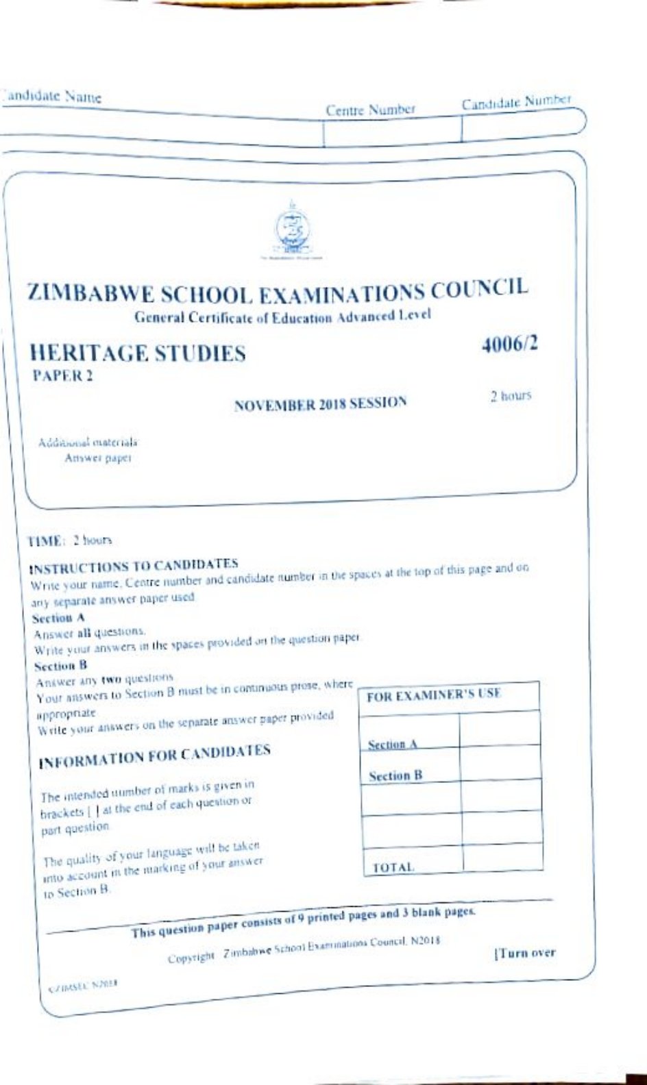 First page of ZIMSEC A-Level Family and Heritage Studies Paper 2 November 2018 Question Paper