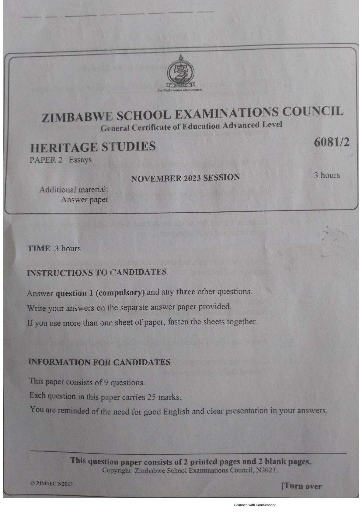 First page of ZIMSEC A-Level Family and Heritage Studies Paper 2 November 2023 Question Paper