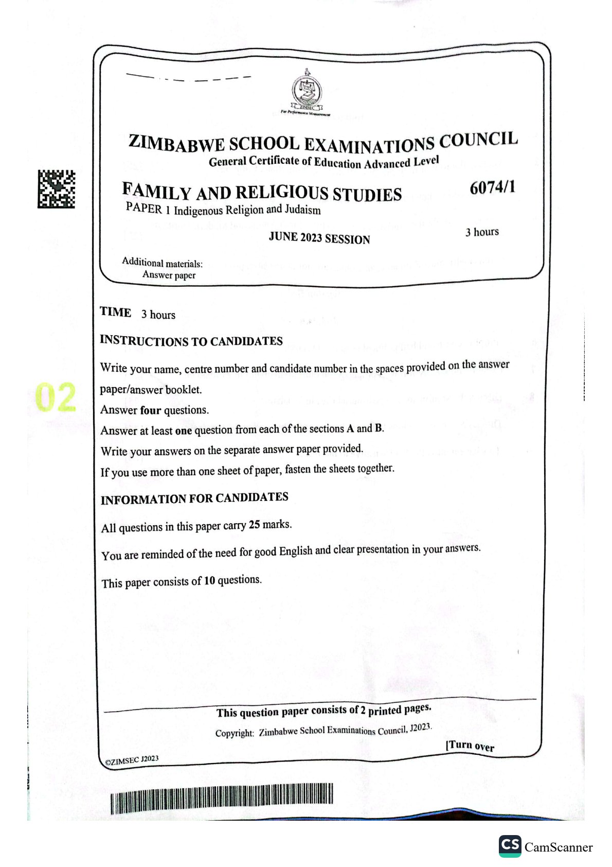 First page of ZIMSEC A-Level Family and Religious Studies Paper 1 June 2023 Question Paper