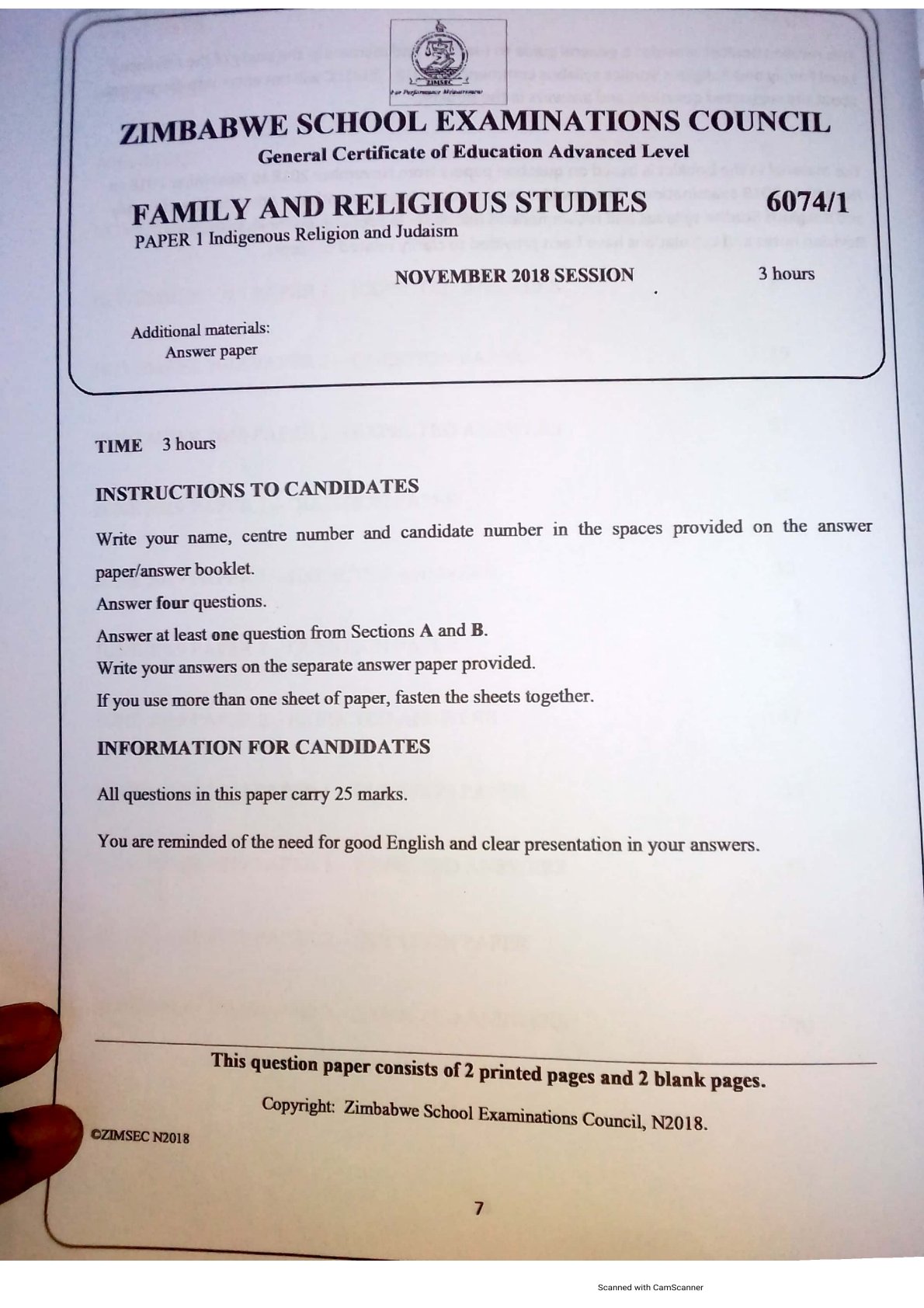 First page of ZIMSEC A-Level Family and Religious Studies Paper 1 November 2018 Question Paper