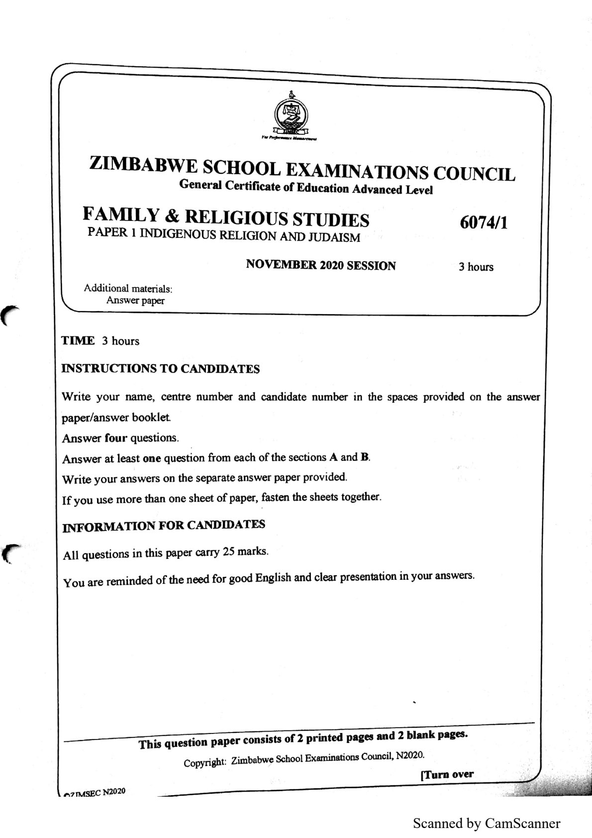 First page of ZIMSEC A-Level Family and Religious Studies Paper 1 November 2020 Question Paper