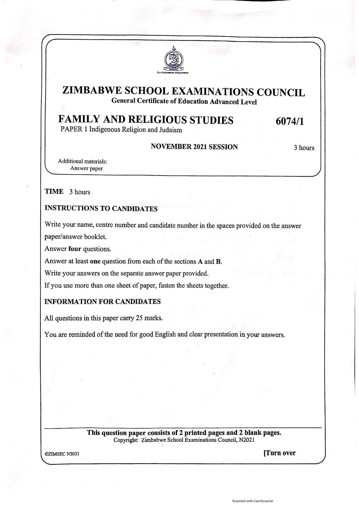 First page of ZIMSEC A-Level Family and Religious Studies Paper 1 November 2021 Question Paper
