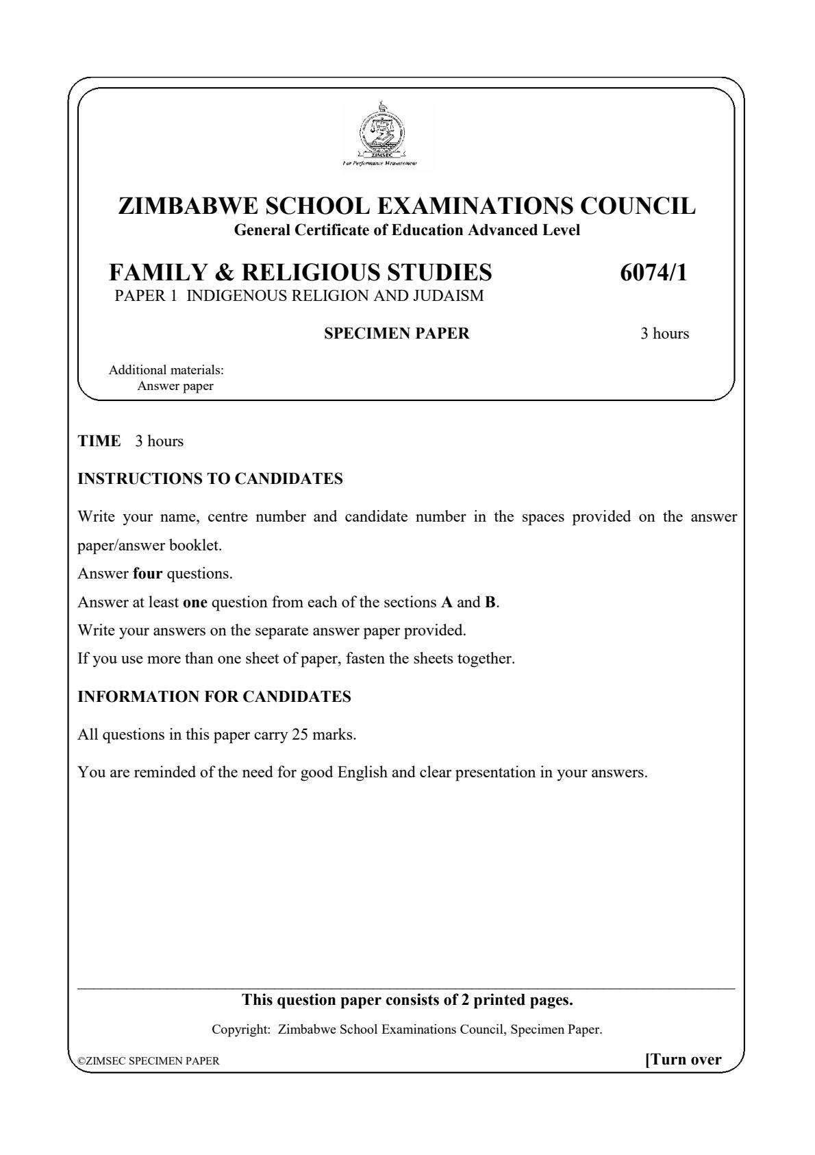First page of ZIMSEC A-Level Family and Religious Studies Paper 1 Question Paper