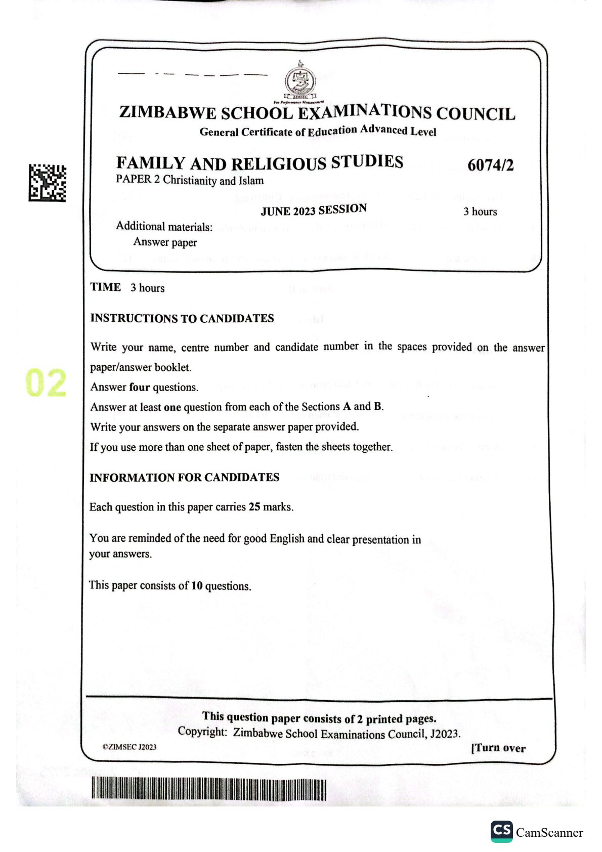 First page of ZIMSEC A-Level Family and Religious Studies Paper 2 June 2023 Question Paper