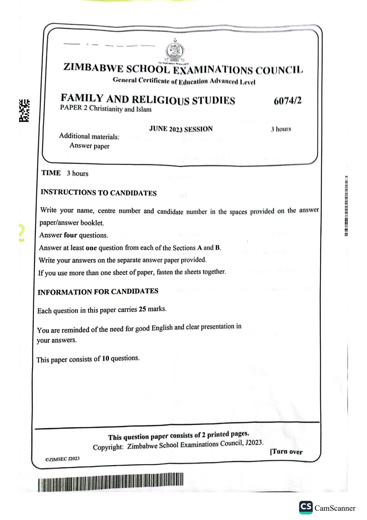 First page of ZIMSEC A-Level Family and Religious Studies Paper 2 June 2023 Question Paper