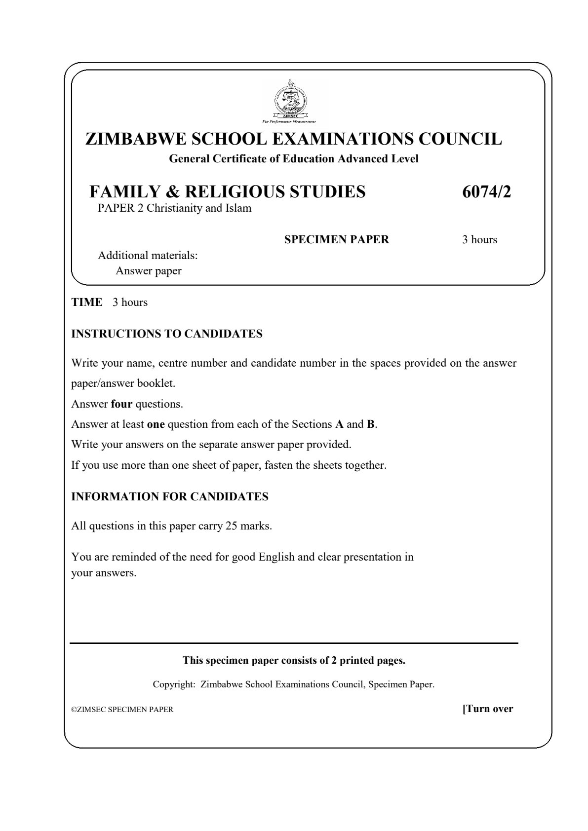 First page of ZIMSEC A-Level Family and Religious Studies Paper 2 Question Paper