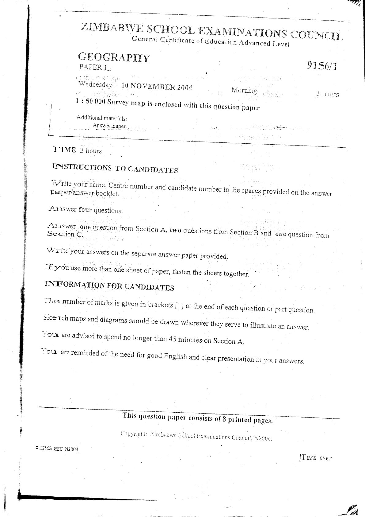 First page of ZIMSEC A-Level Geography Blue Book 2003-2004 Study Guide