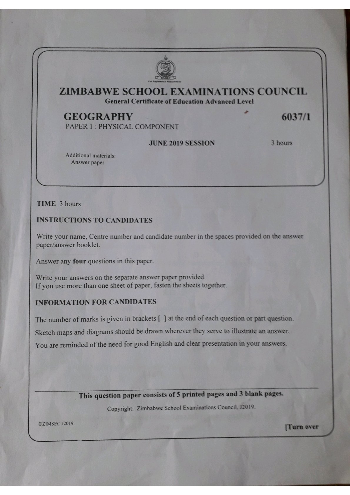 First page of ZIMSEC A-Level Geography Paper 1 June 2019 Question Paper