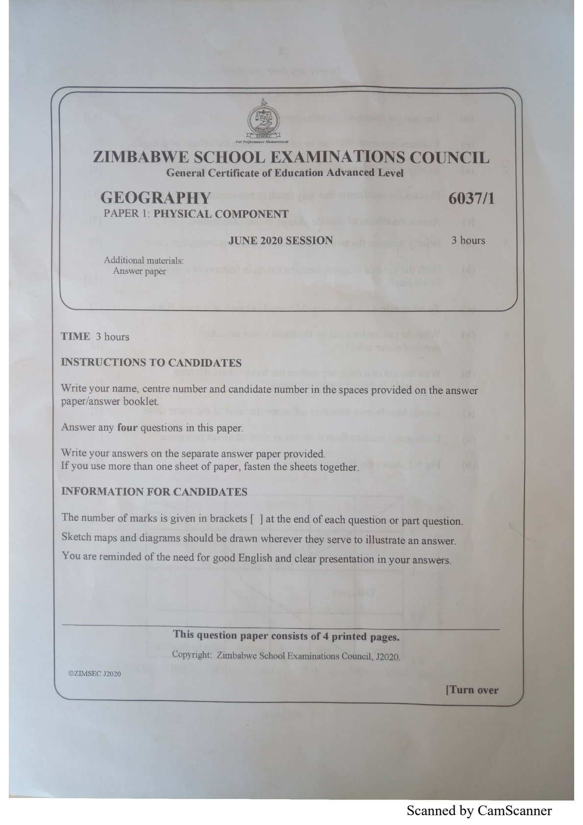 First page of ZIMSEC A-Level Geography Paper 1 June 2020 Question Paper