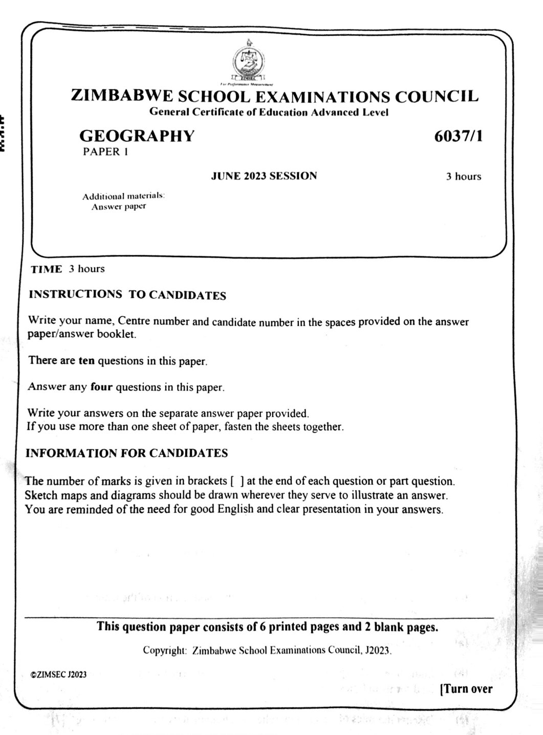 First page of ZIMSEC A-Level Geography Paper 1 June 2023 Question Paper