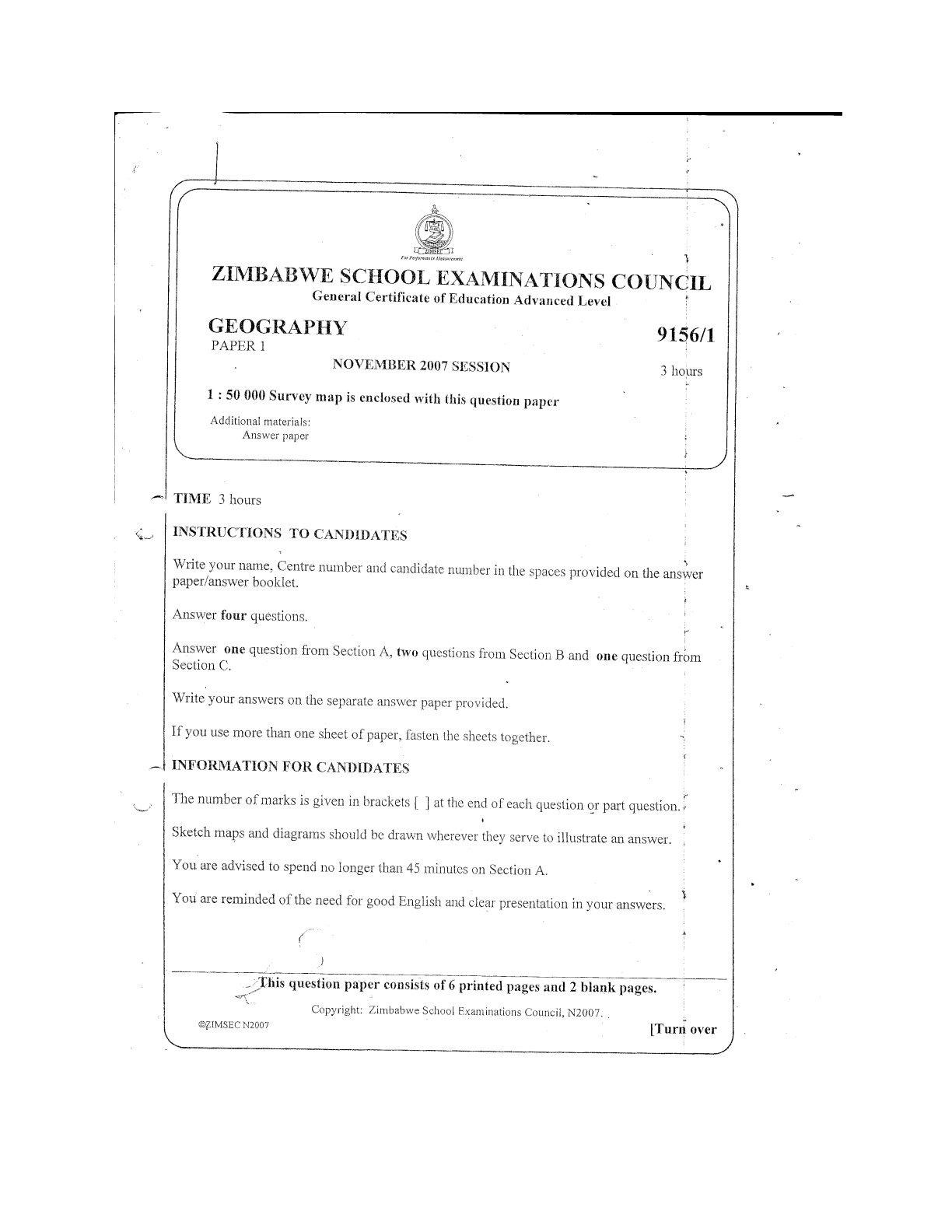 First page of ZIMSEC A-Level Geography Paper 1 November 2007 Question Paper