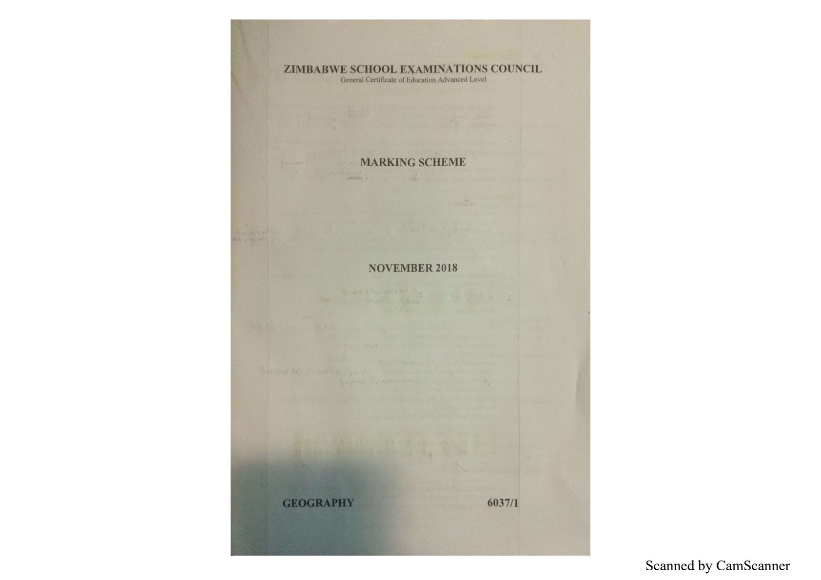 First page of ZIMSEC A-Level Geography Paper 1 November 2018 Marking Scheme