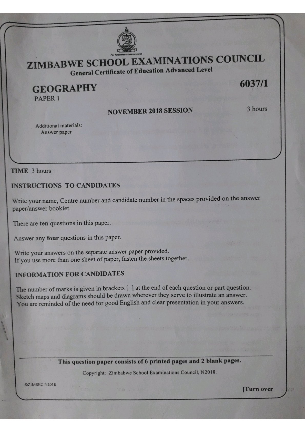 First page of ZIMSEC A-Level Geography Paper 1 November 2018 Question Paper