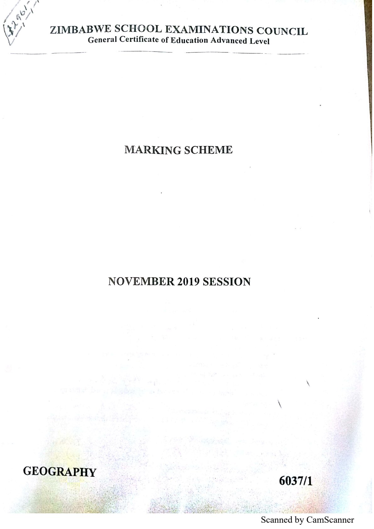 First page of ZIMSEC A-Level Geography Paper 1 November 2019 Marking Scheme