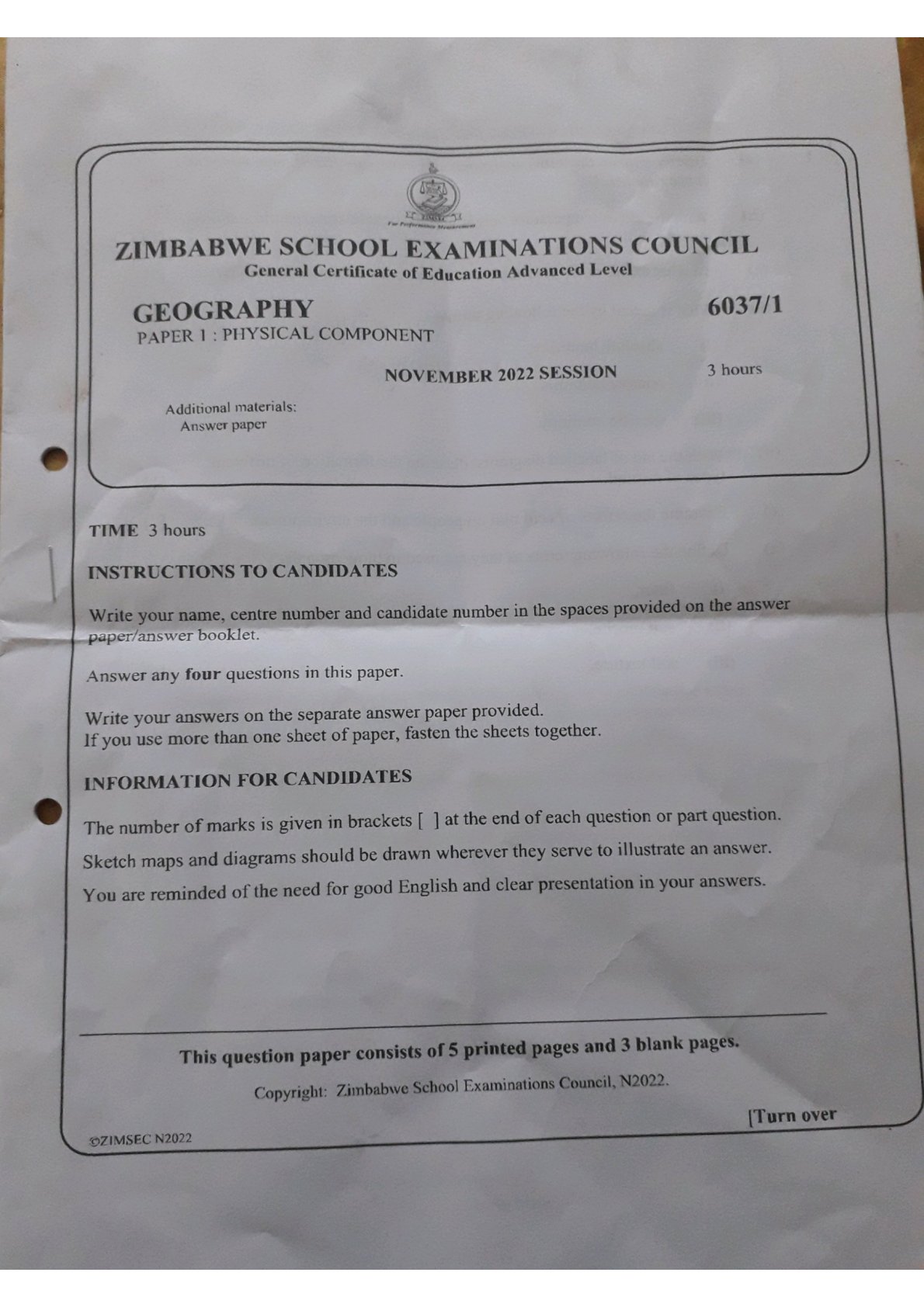 First page of ZIMSEC A-Level Geography Paper 1 November 2022 Question Paper