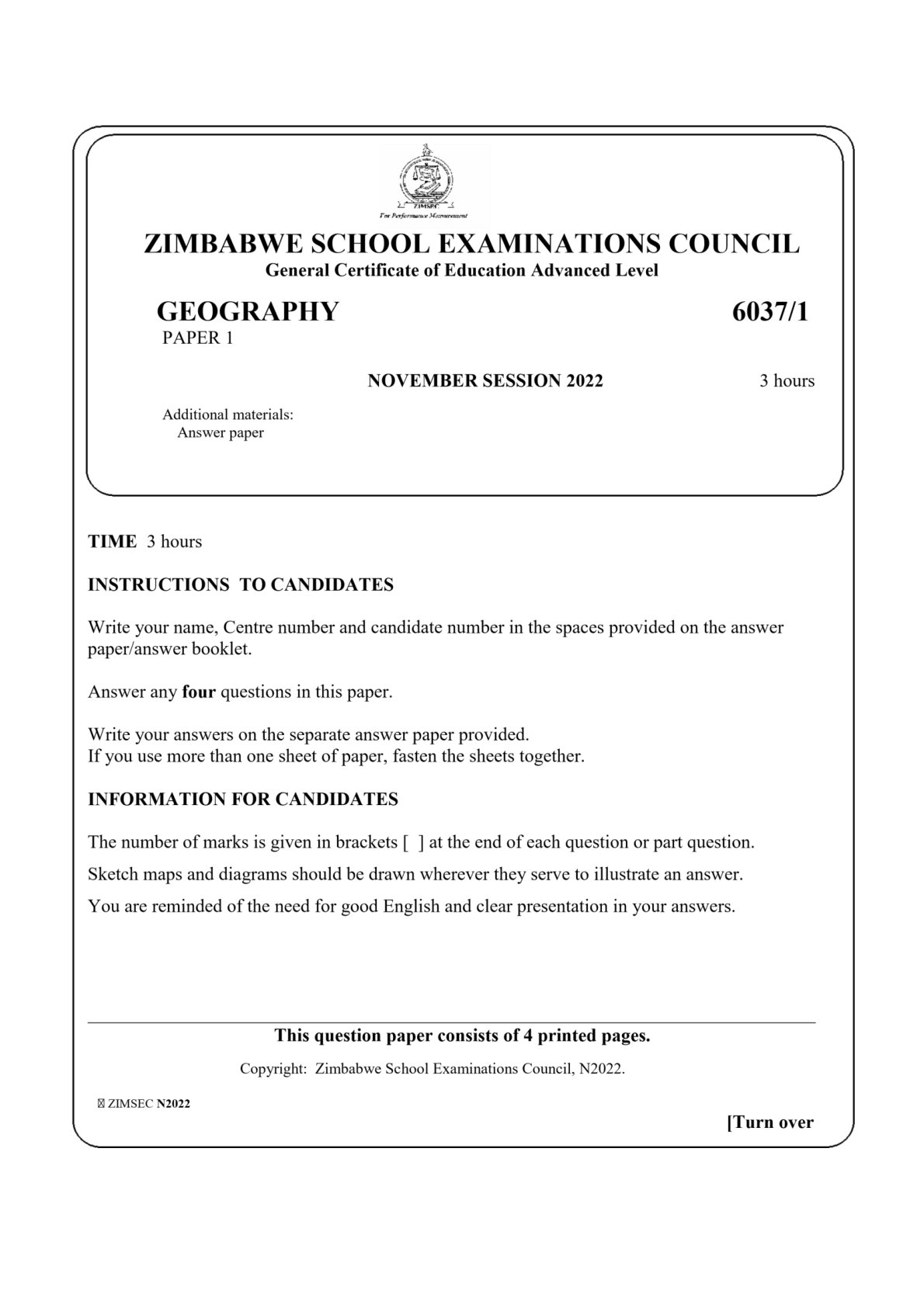 First page of ZIMSEC A-Level Geography Paper 1 November 2022 Question Paper