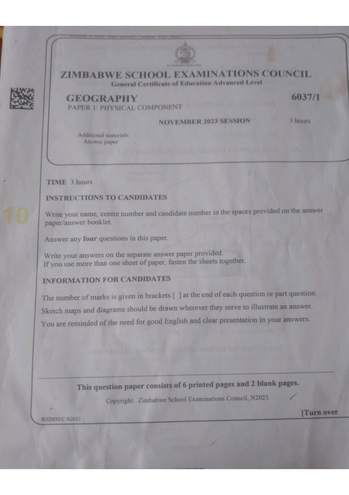 First page of ZIMSEC A-Level Geography Paper 1 November 2023 Question Paper