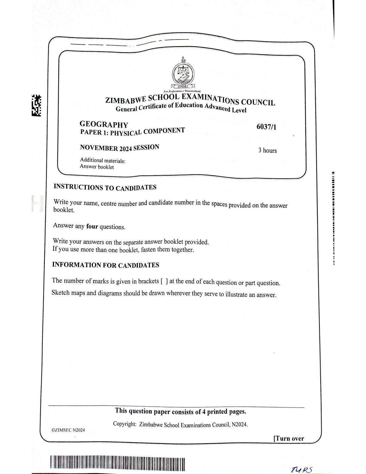 First page of ZIMSEC A-Level Geography Paper 1 November 2024 Question Paper