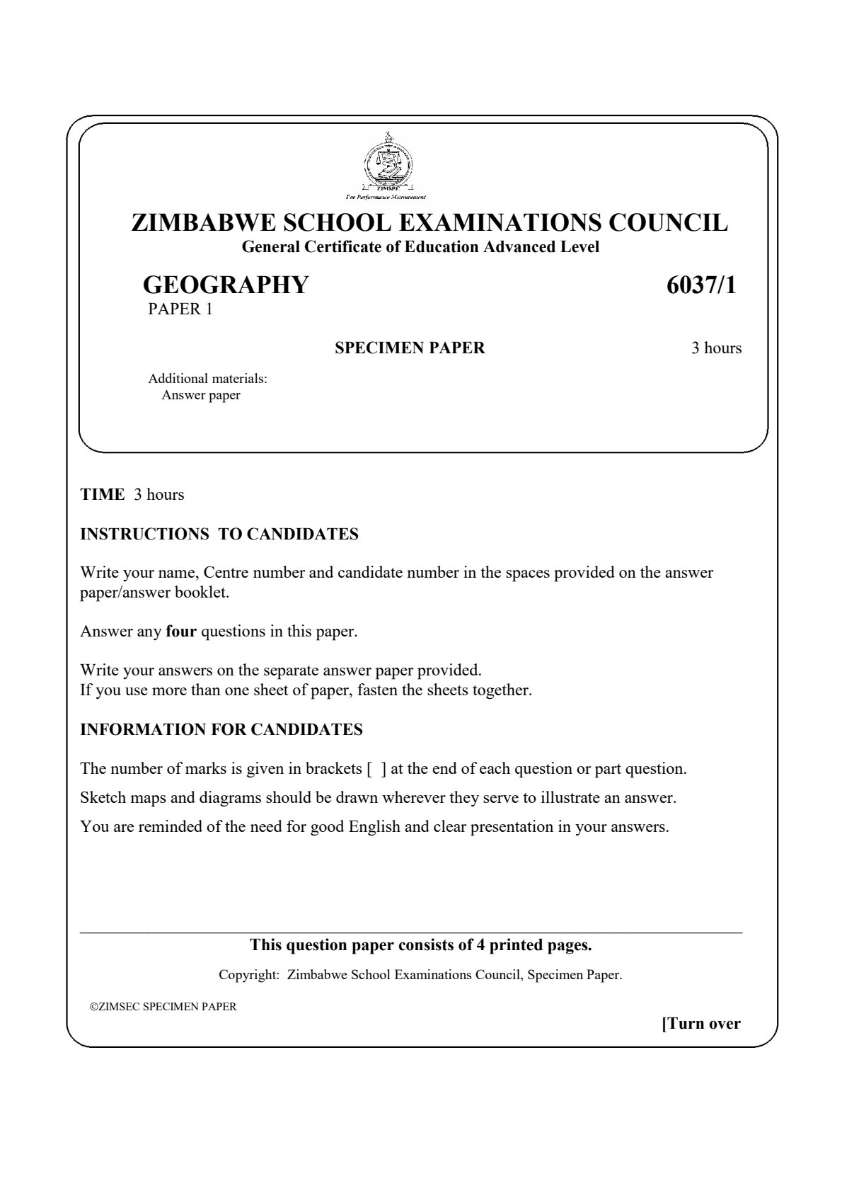First page of ZIMSEC A-Level Geography Paper 1 Question Paper