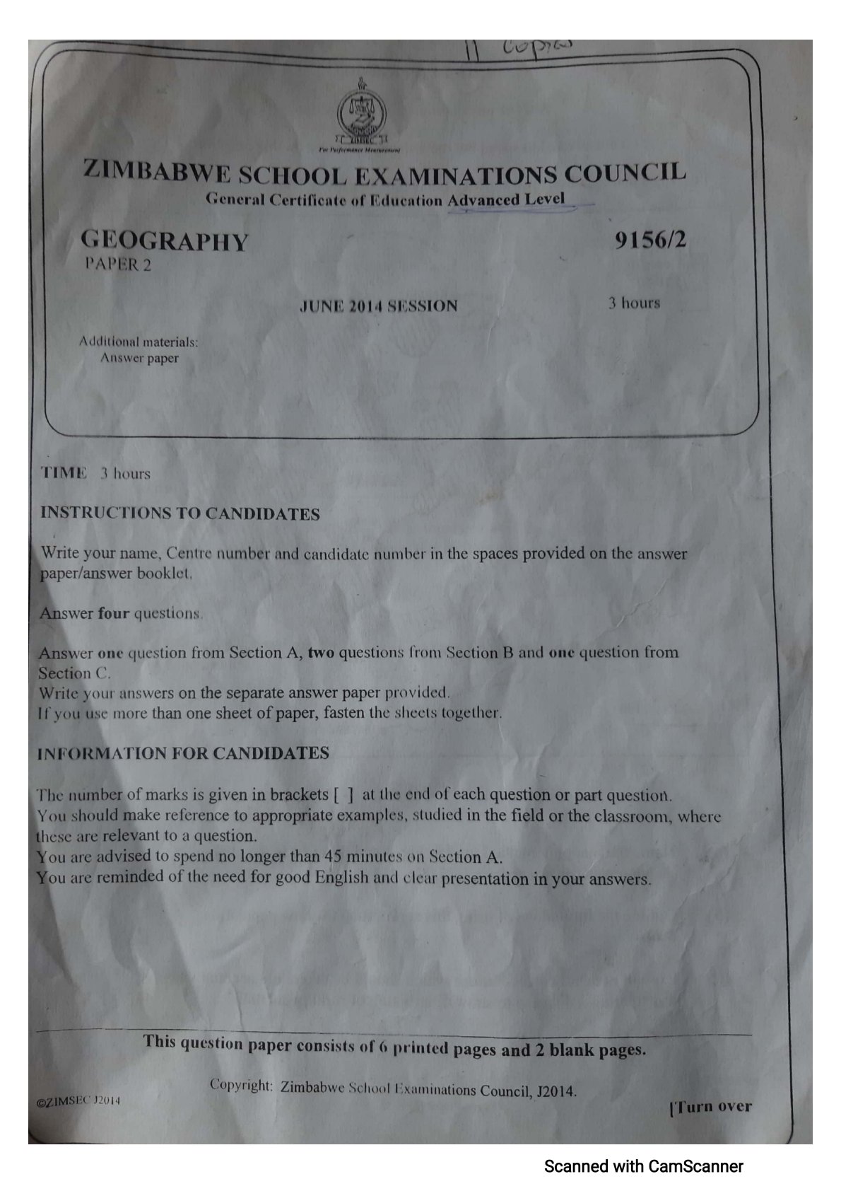 First page of ZIMSEC A-Level Geography Paper 2 June 2014 Question Paper