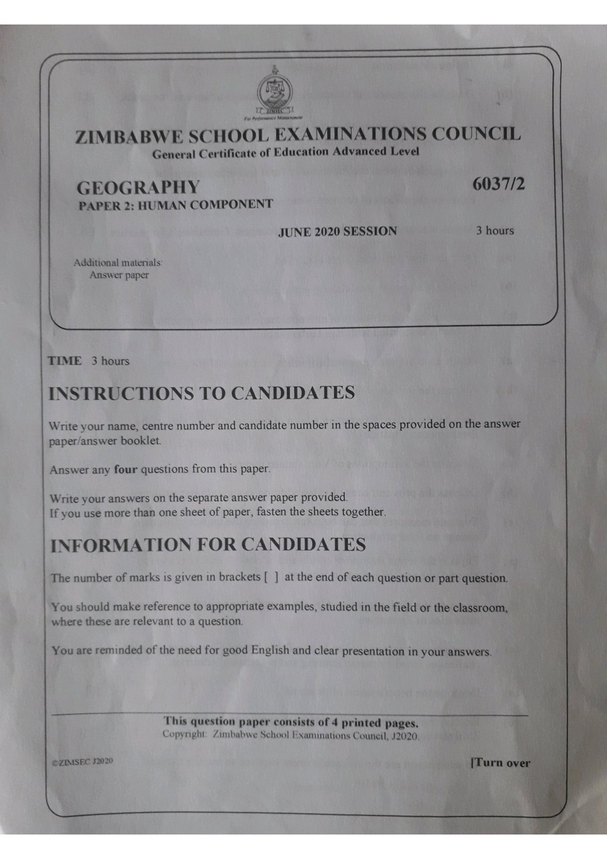 First page of ZIMSEC A-Level Geography Paper 2 June 2020 Question Paper
