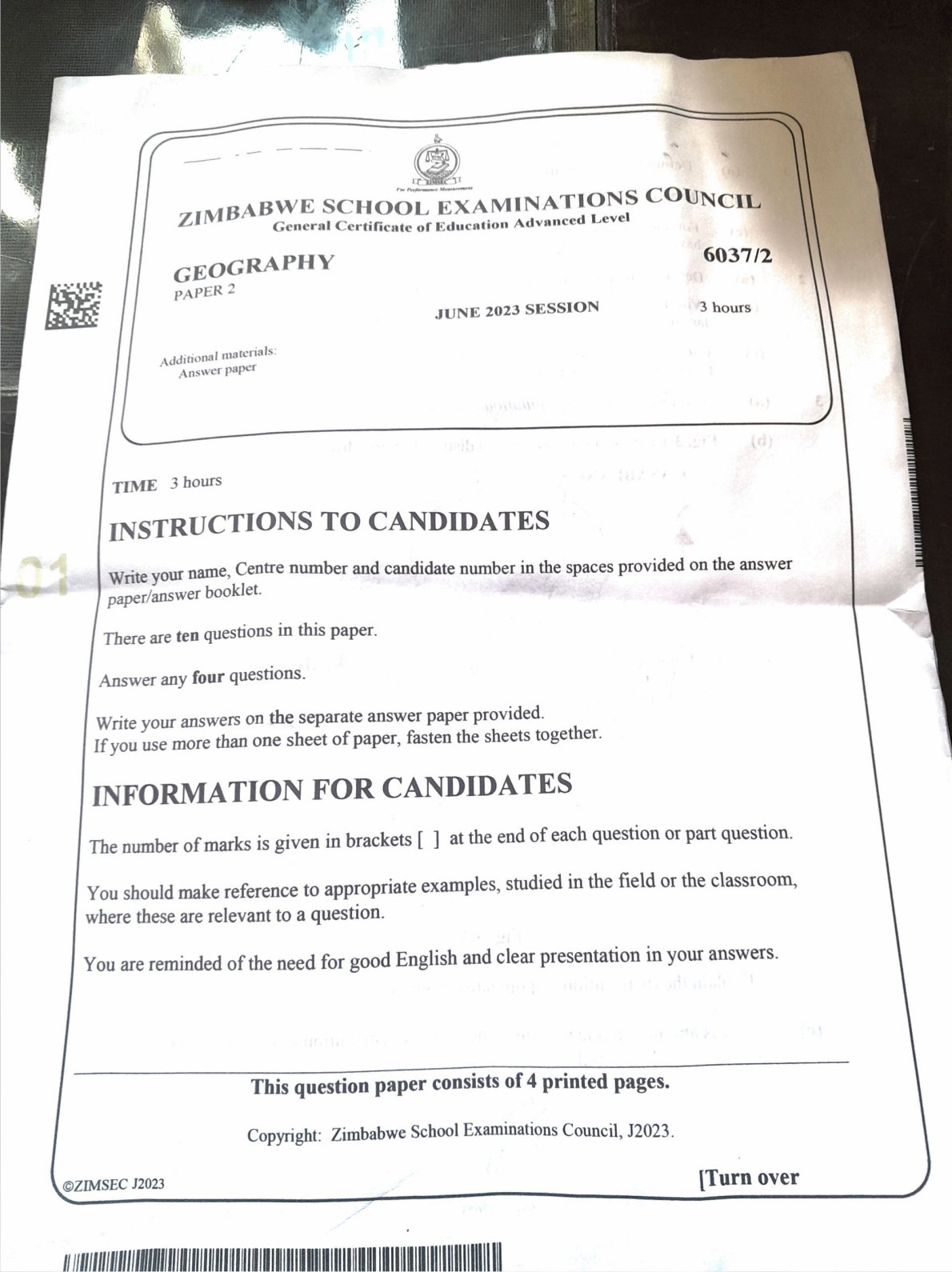 First page of ZIMSEC A-Level Geography Paper 2 June 2023 Question Paper