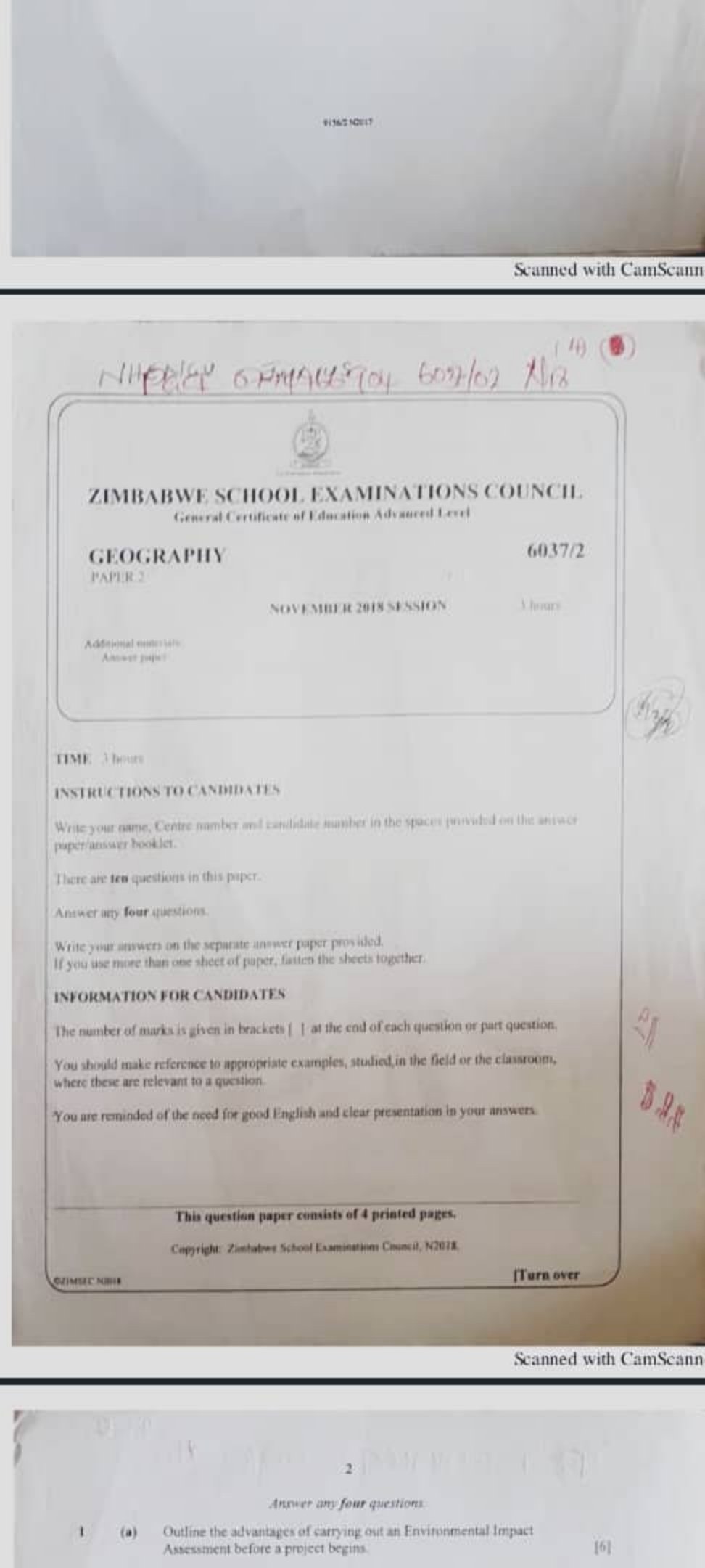 First page of ZIMSEC A-Level Geography Paper 2 November 2018 Question Paper