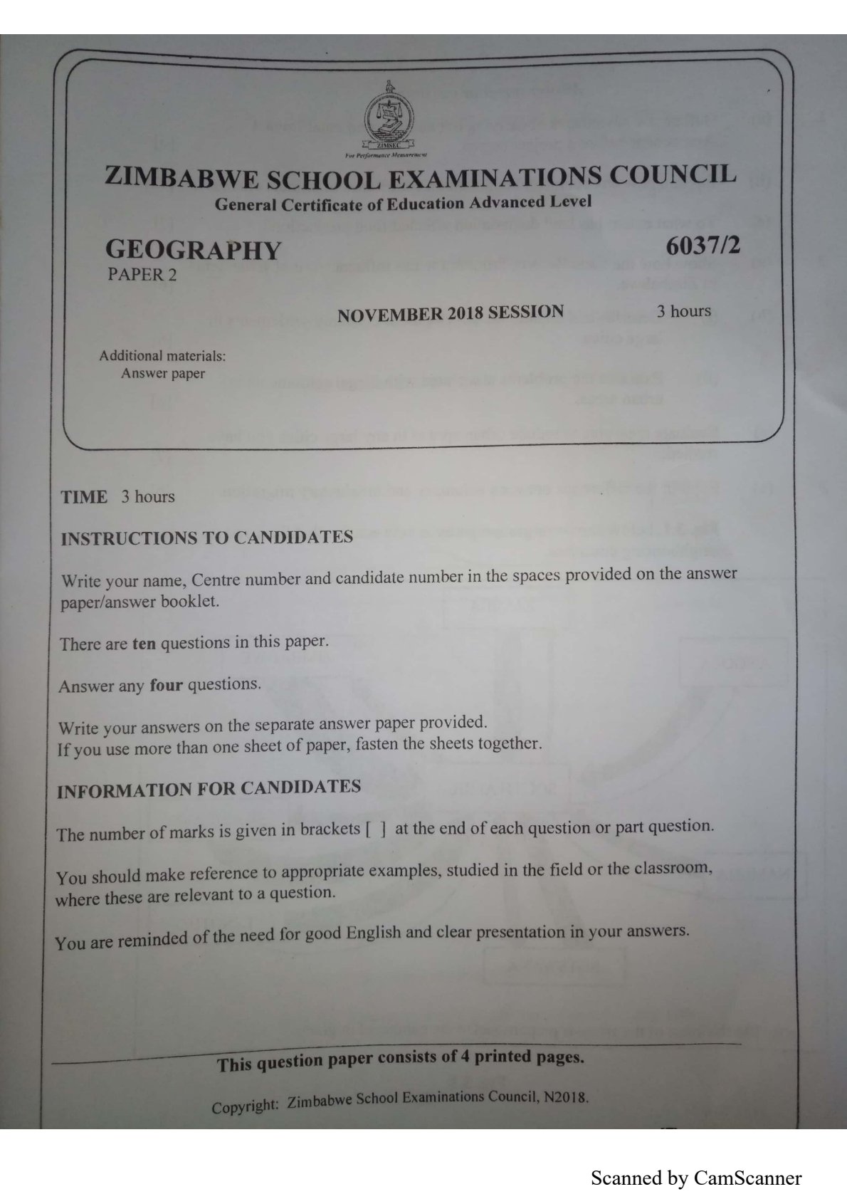 First page of ZIMSEC A-Level Geography Paper 2 November 2018 Question Paper