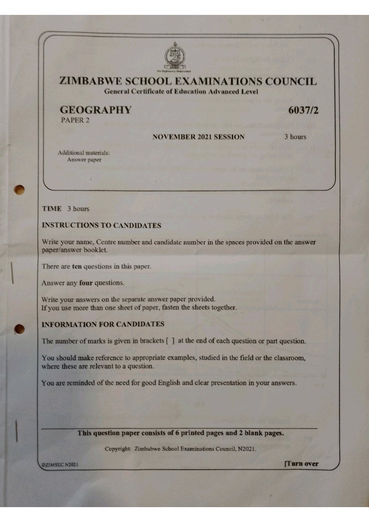 First page of ZIMSEC A-Level Geography Paper 2 November 2021 Question Paper