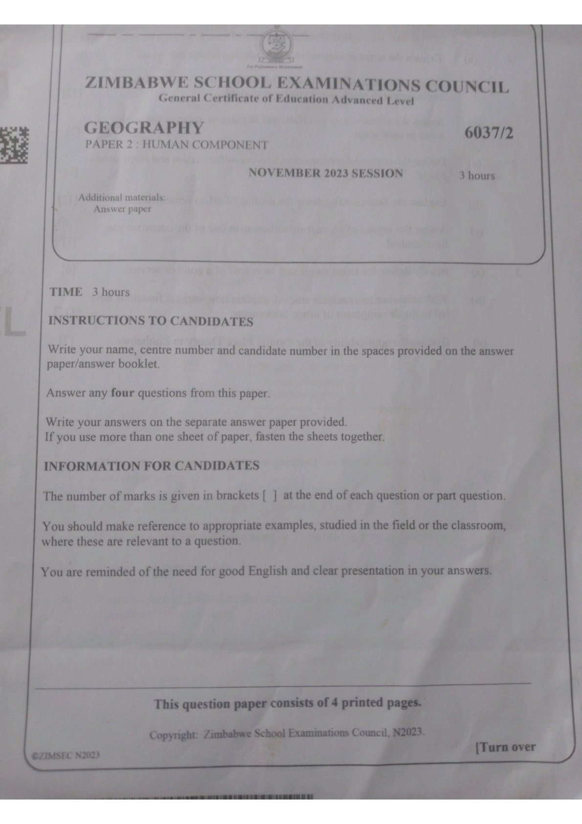 First page of ZIMSEC A-Level Geography Paper 2 November 2023 Question Paper
